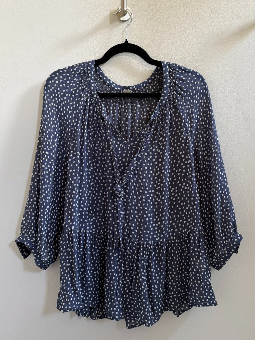 Chan Luu Navy and White Polka Dot Viscose Tunic Blouse